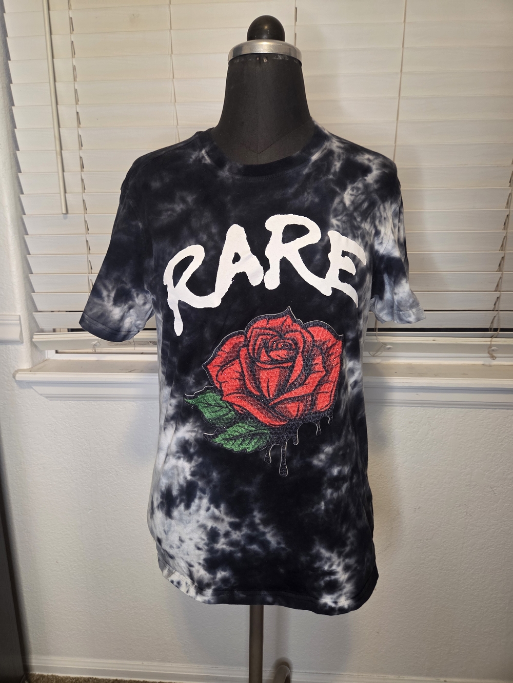 Rare Black Tie-Dye Short Sleeve Tee with Red Rose Graphic
